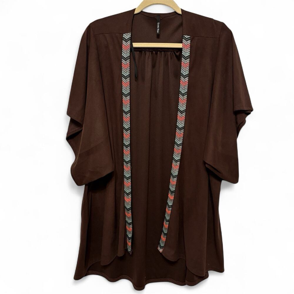 Faux Suede Open Front Kimono Jacket 
Women 1X Brown Aztec Boho Geometric Western